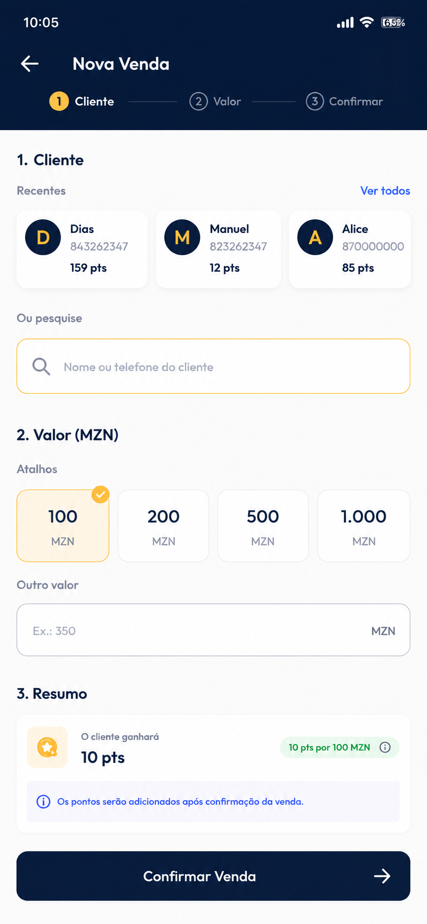 Ecrã do MaisUm: registo rápido de venda com seleção de cliente e valor